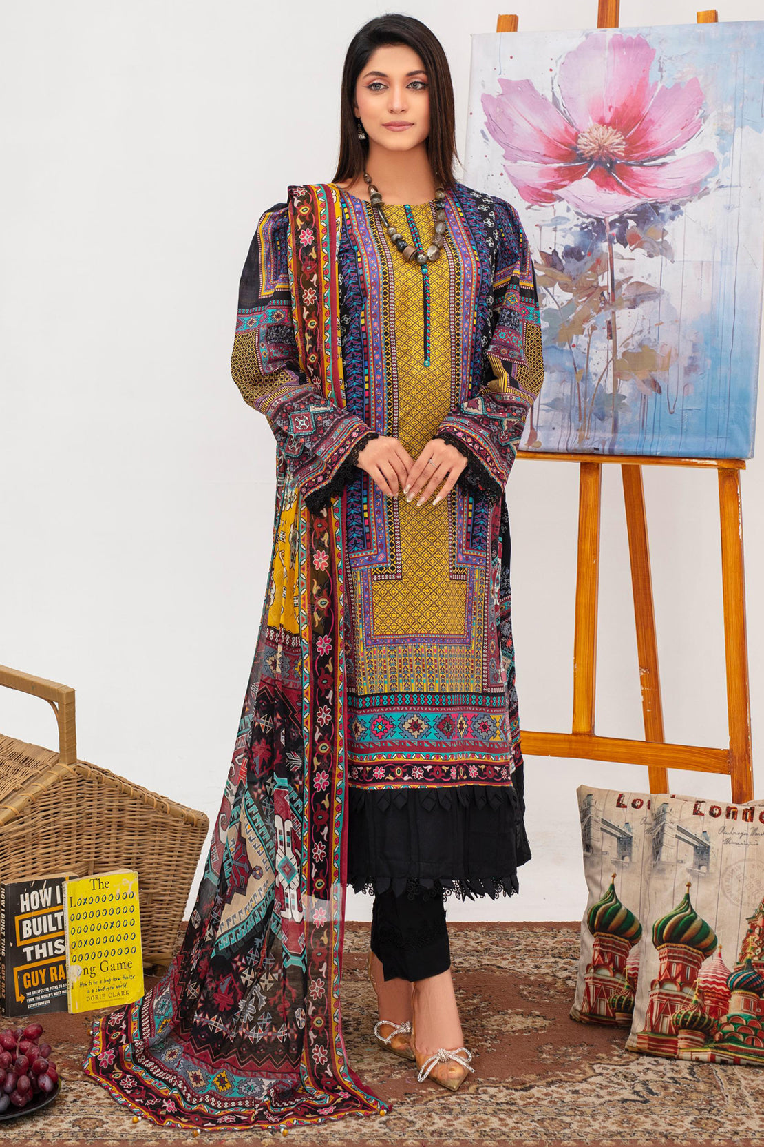 3 Pcs Digital Printed Lawn Suit Ajrak