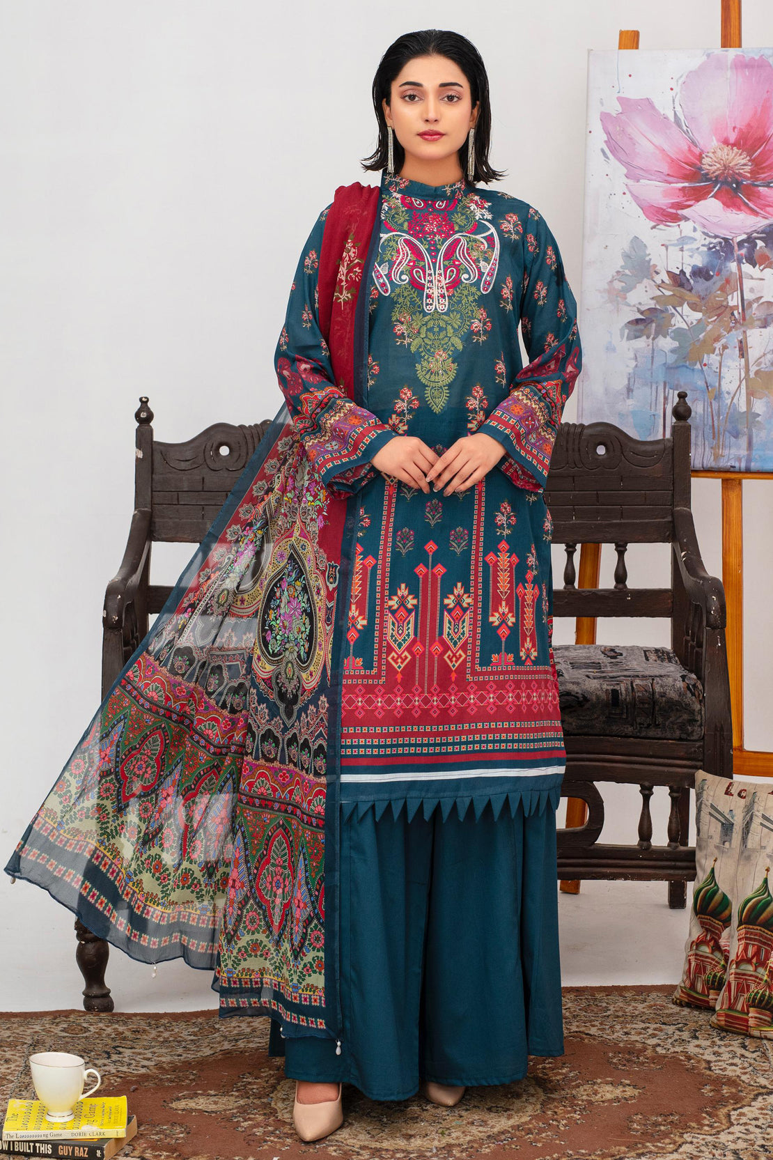 3 Pcs Digital Printed Embroidered Lawn Suit Kashmiri Green