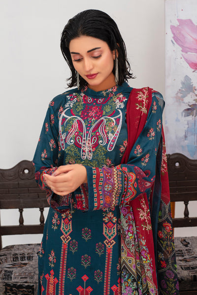 3 Pcs Digital Printed Embroidered Lawn Suit Kashmiri Green