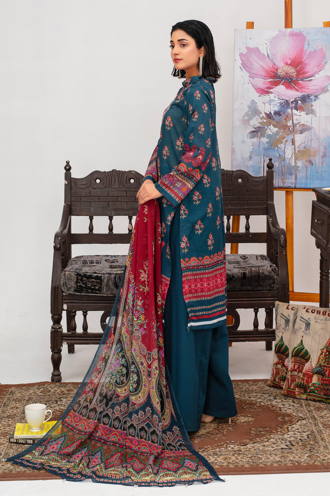 3 Pcs Digital Printed Embroidered Lawn Suit Kashmiri Green