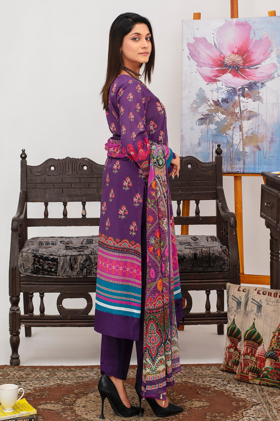 3 Pcs Digital Printed Embroidered Lawn Suit Kashmiri Teal