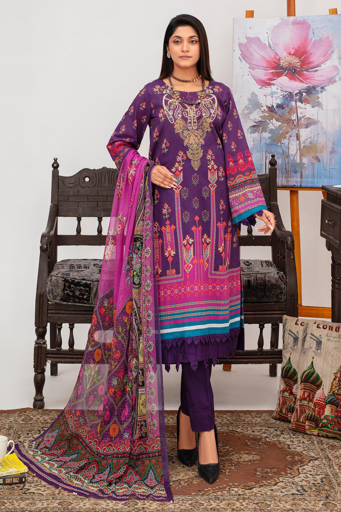 3 Pcs Digital Printed Embroidered Lawn Suit Kashmiri Teal