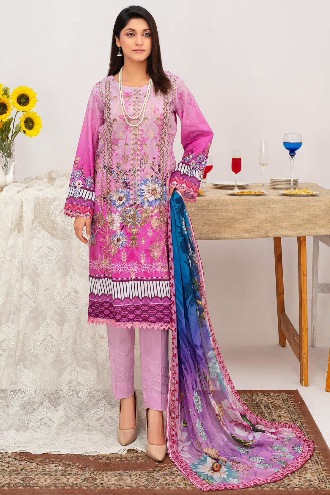 3 Pcs Digital Printed Embroidered Lawn Suit Florence