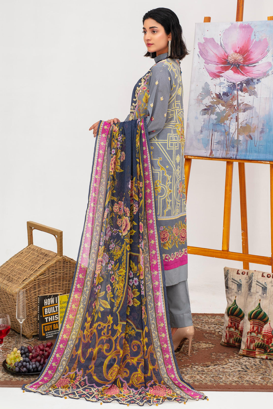 3 Pcs Digital Printed Embroidered Lawn Suit Satrangi