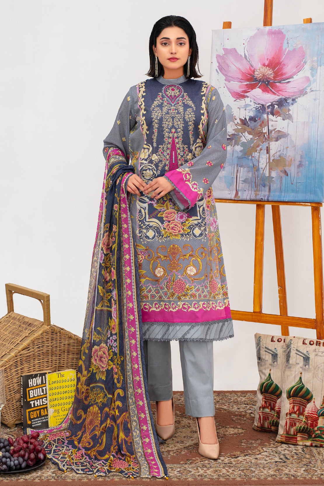 3 Pcs Digital Printed Embroidered Lawn Suit Satrangi